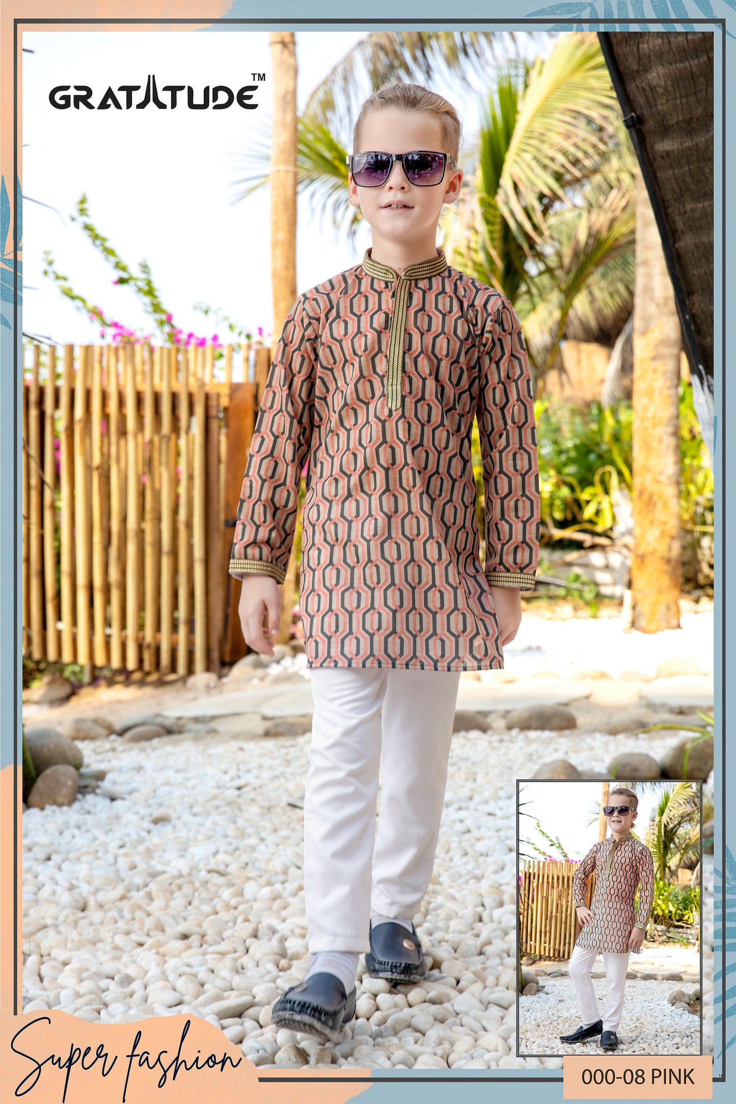 Kurta Set - Peach Gray Geometric Shape Design multi-colored Kurta Boys Set - By Gratitude