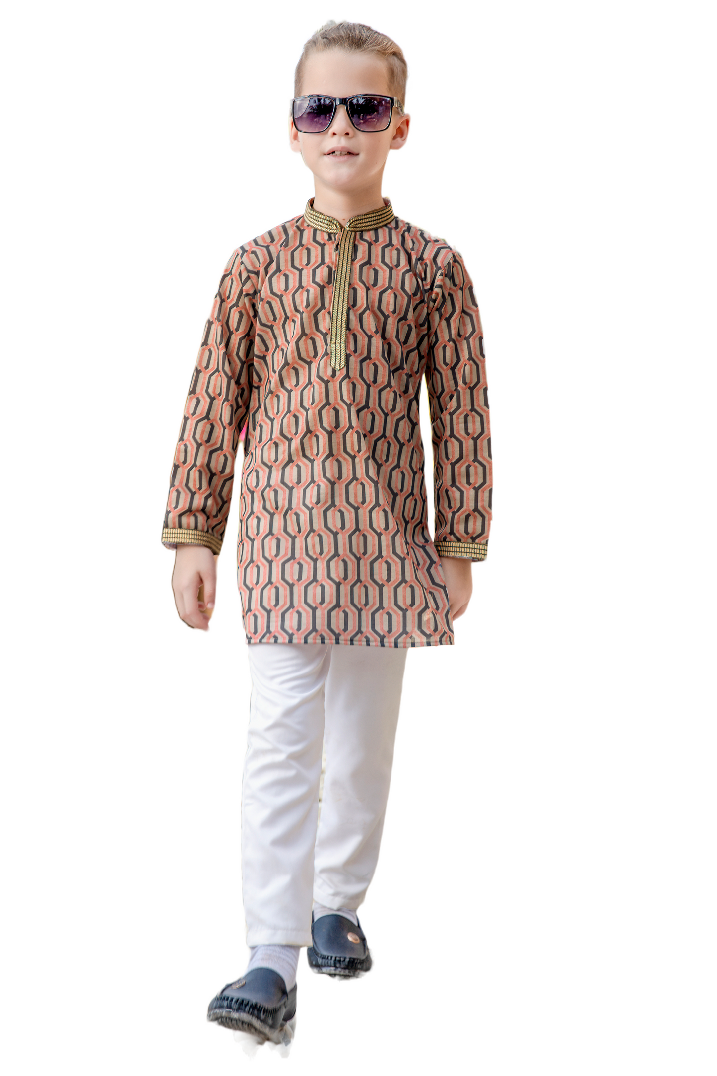 Kurta Set - Peach Gray Geometric Shape Design multi-colored Kurta Boys Set - By Gratitude