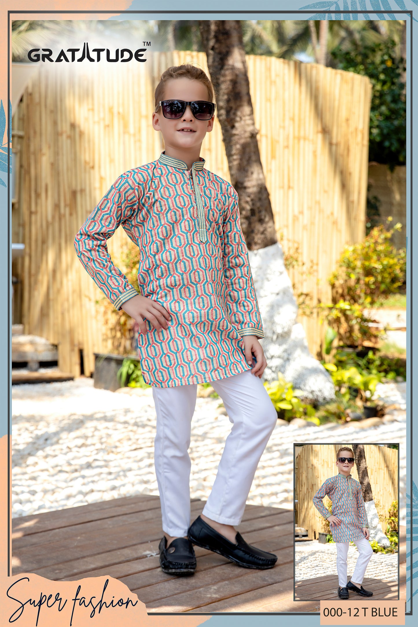 Kurta Set - T Blue Orange Geometric Shape Design multi-colored Kurta Boys Set - By Gratitude