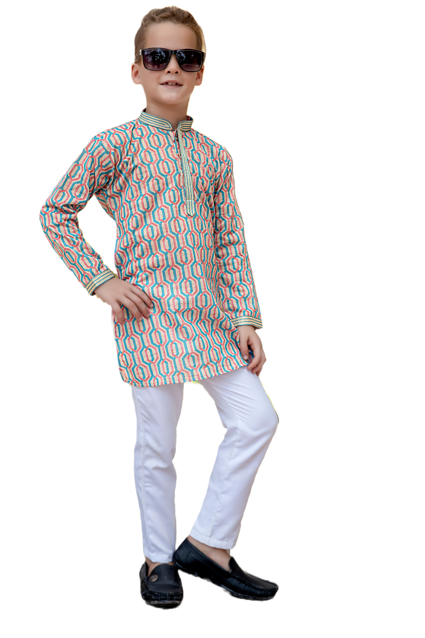 Kurta Set - T Blue Orange Geometric Shape Design multi-colored Kurta Boys Set - By Gratitude