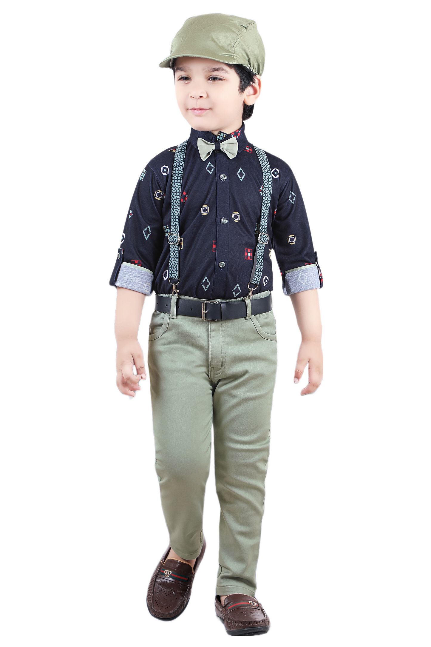 Blue Self Design Shirt with Pista green Pants Boys Set with stylish hat, bow-tie and suspenders