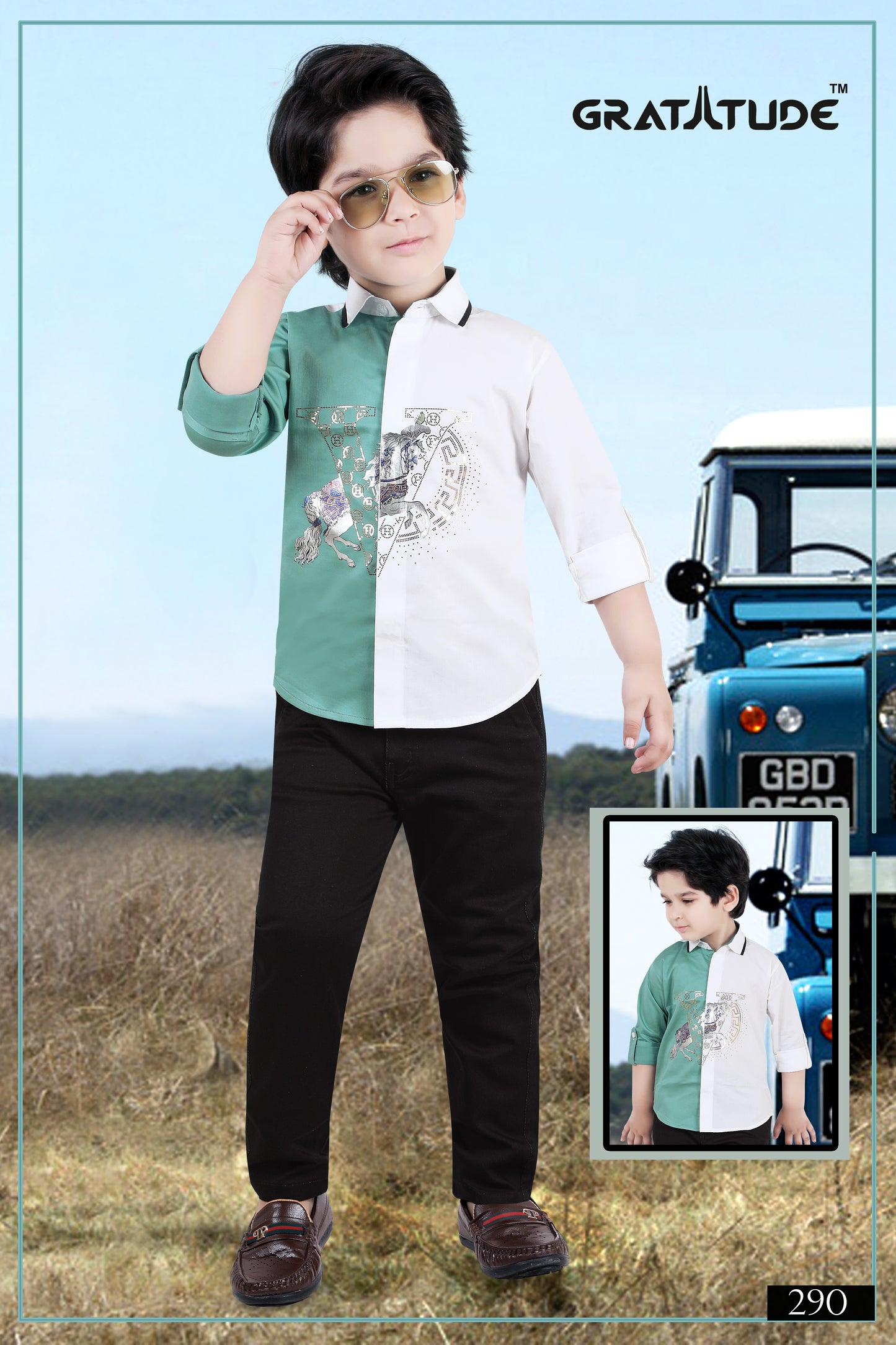 Club Wear White & Green Unique Front Design Shirt with Black Pants Boys Set by Gratitude