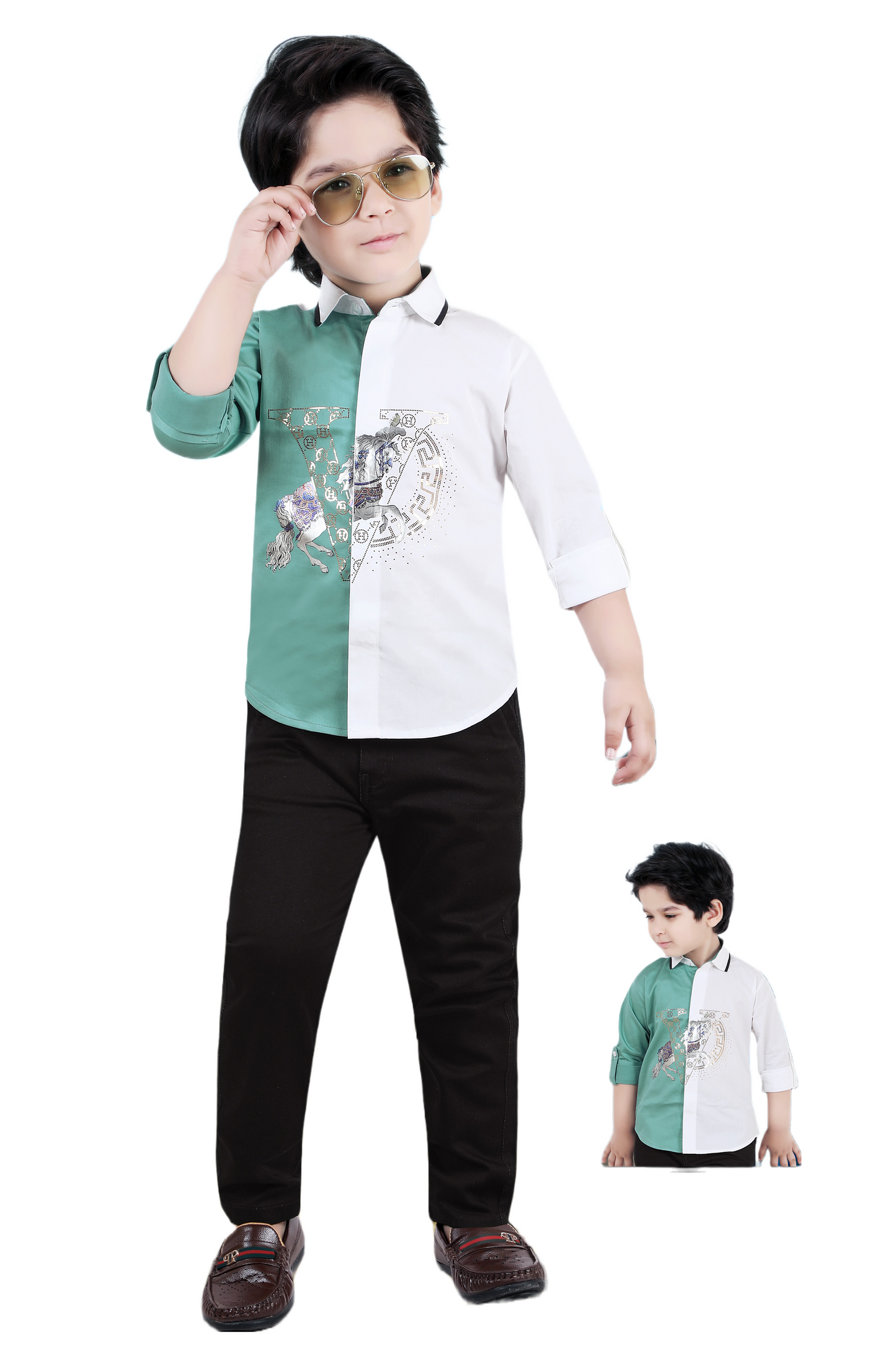 Club Wear White & Green Unique Front Design Shirt with Black Pants Boys Set by Gratitude