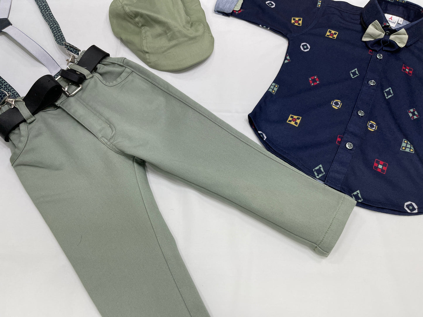 Blue Self Design Shirt with Pista green Pants Boys Set with stylish hat, bow-tie and suspenders