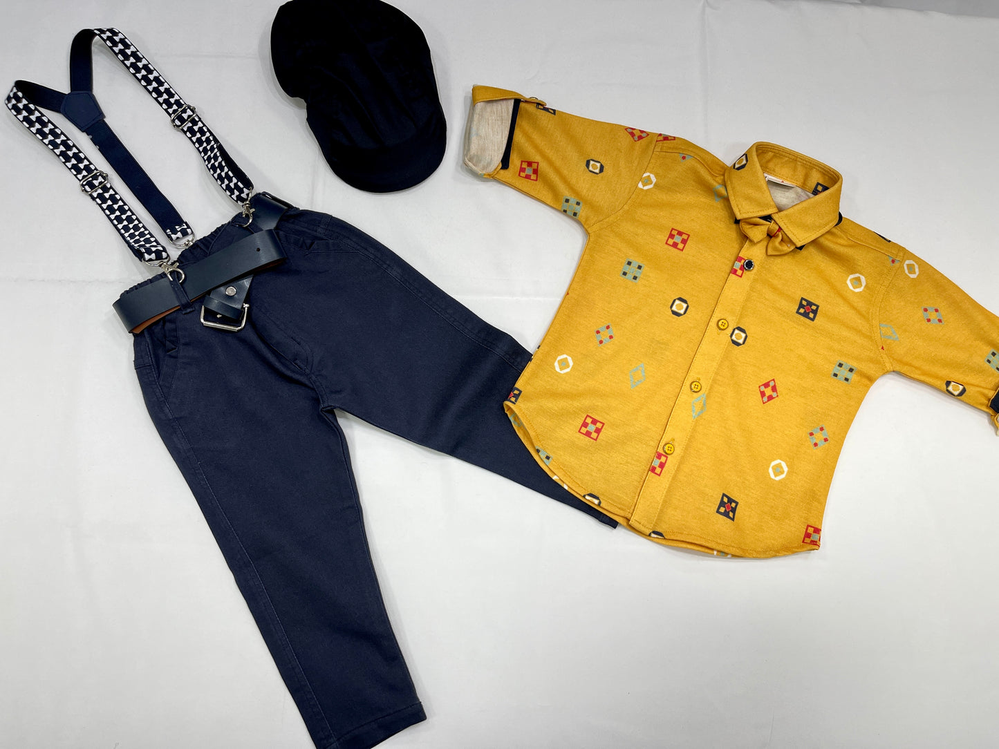 Mustard Self Design Shirt with Navy Blue Pants Boys Set with stylish hat, bow-tie and suspenders