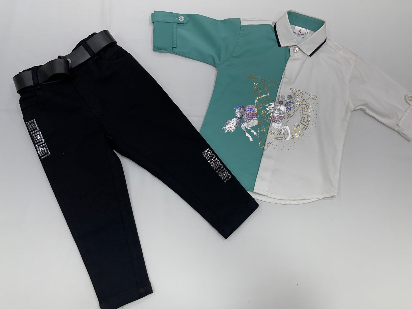 Club Wear White & Green Unique Front Design Shirt with Black Pants Boys Set by Gratitude