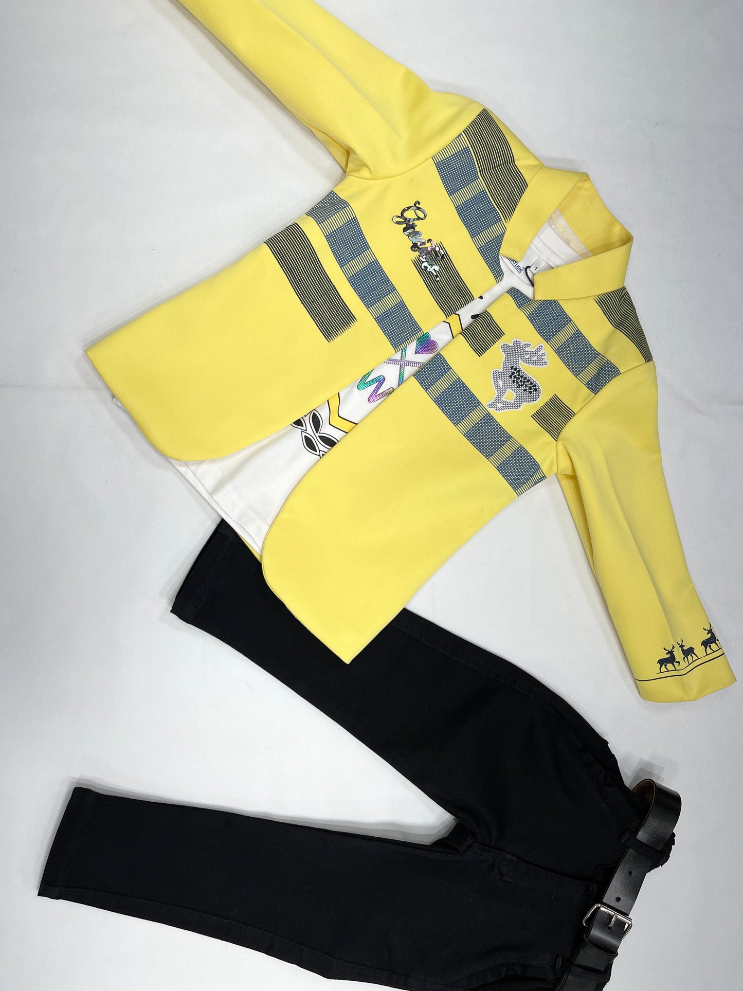 Lemon Open Jacket Blazer Suit with White Printed Tee and Black Pant Boys Set by Gratitude