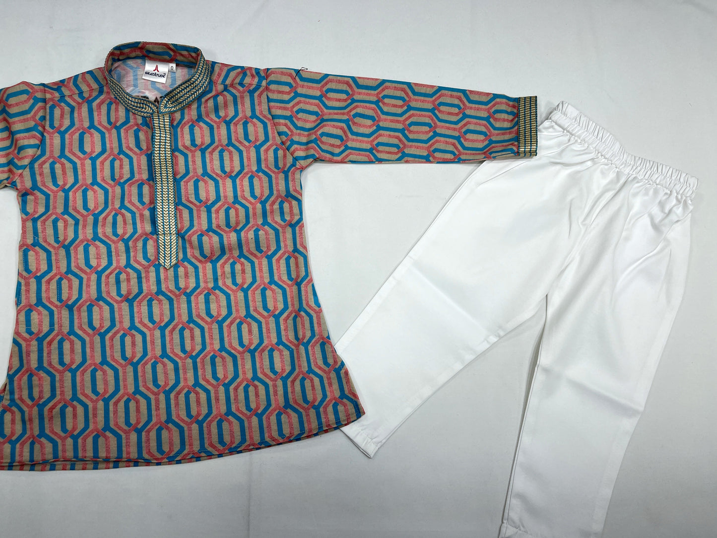 Kurta Set - T Blue Orange Geometric Shape Design multi-colored Kurta Boys Set - By Gratitude