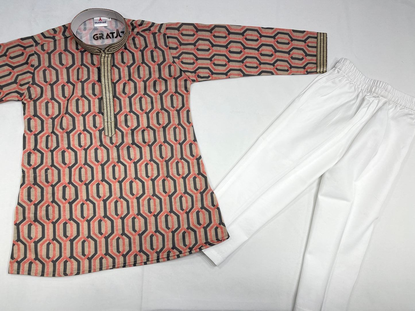 Kurta Set - Peach Gray Geometric Shape Design multi-colored Kurta Boys Set - By Gratitude