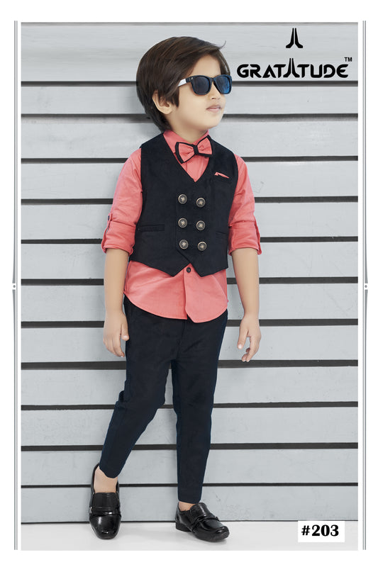Black Waist Coat and Tomato Red Shirt Pant Boys Set with a smart Bow-Tie