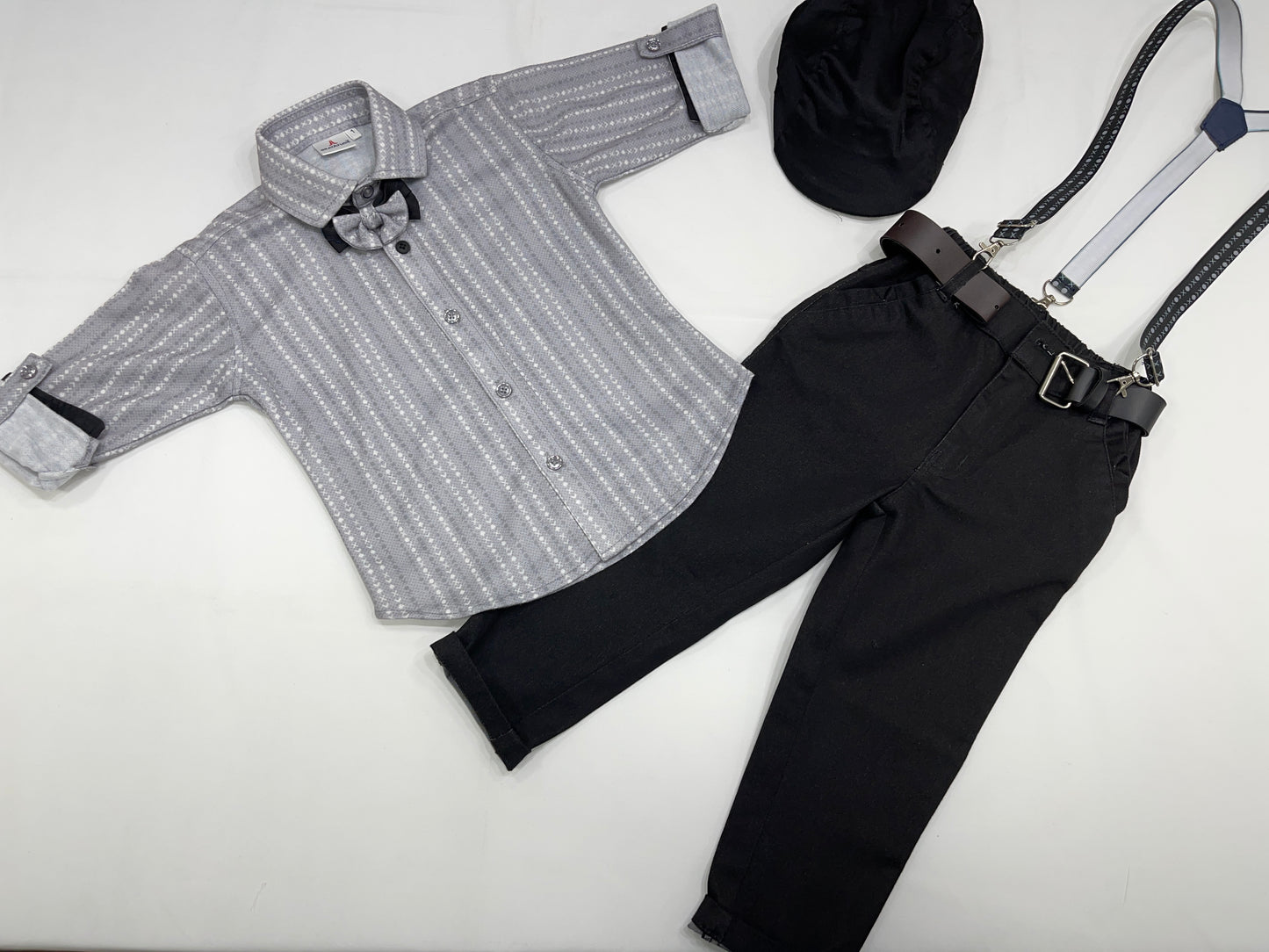 Grey Design Shirt with Dark Grey Pants Boys Set with stylish hat, bow-tie and suspenders