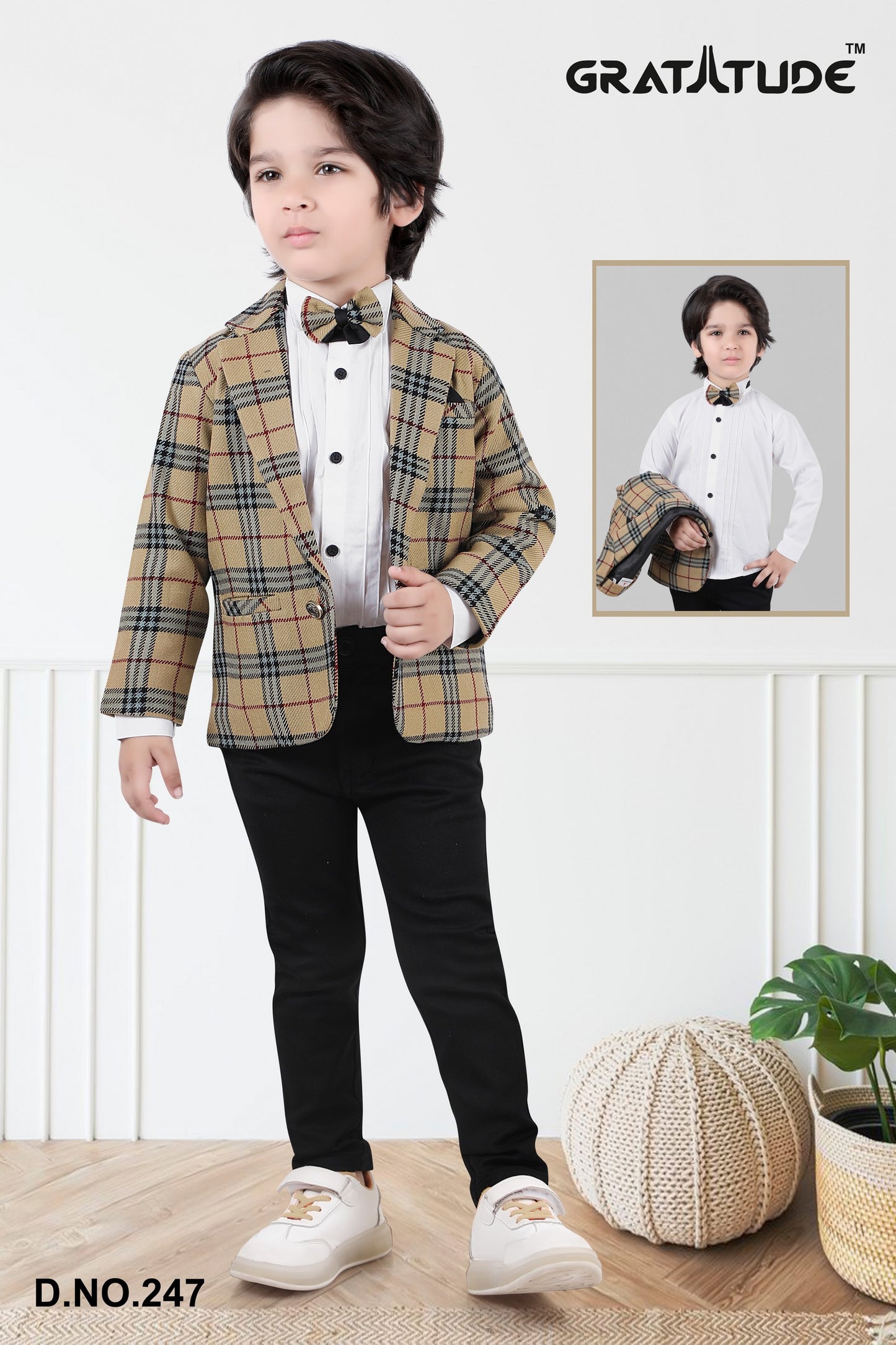 Burberry checks Blazer Suit with White Shirt Black Pant Boys Set with a smart Bow-Tie by Gratitude