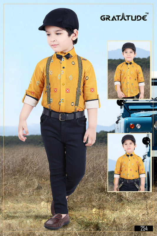 Mustard Self Design Shirt with Navy Blue Pants Boys Set with stylish hat, bow-tie and suspenders