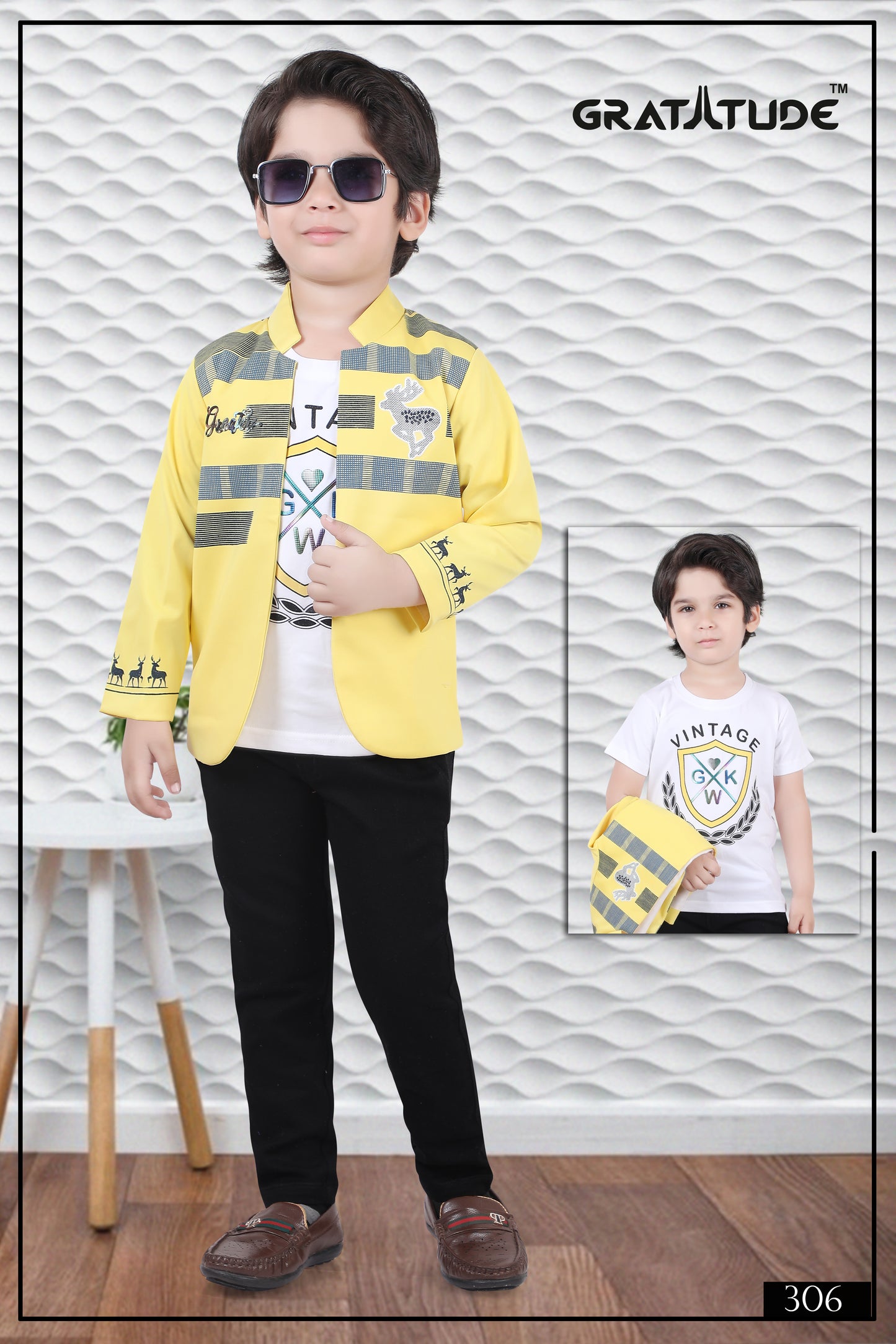 Lemon Open Jacket Blazer Suit with White Printed Tee and Black Pant Boys Set by Gratitude