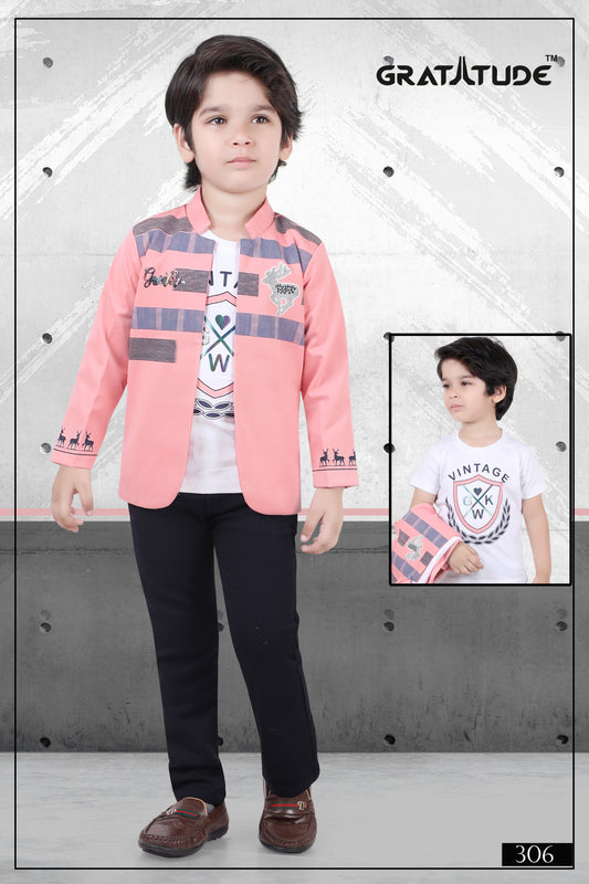 Pink Open Jacket Blazer Suit with White Printed Tee and Black Pant Boys Set by Gratitude