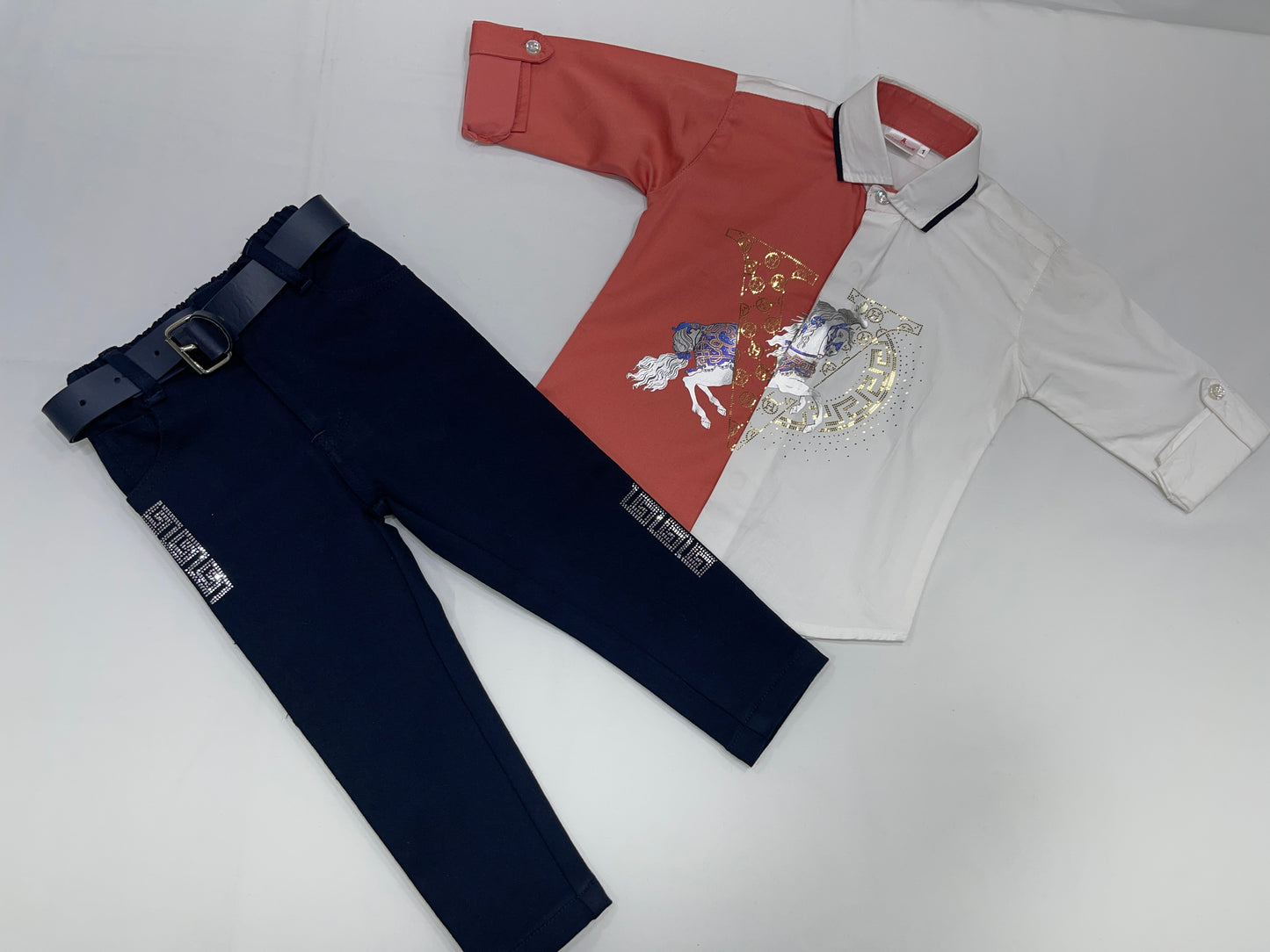 Club Wear White & Peach Unique Front Design Shirt with Blue Pants Boys Set by Gratitude