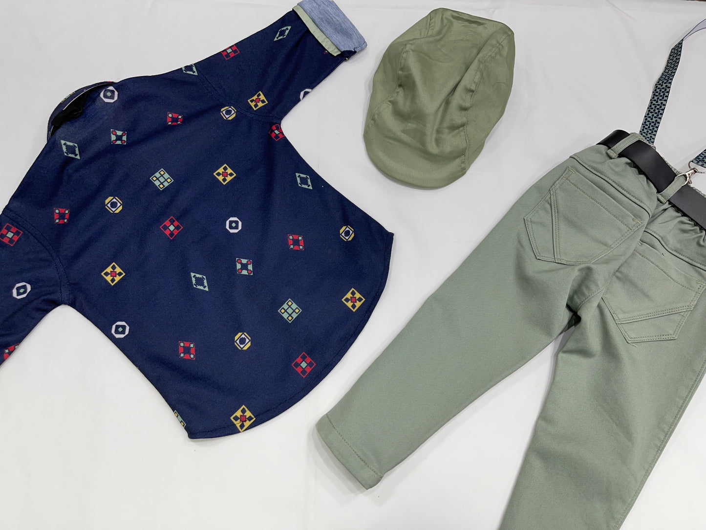 Blue Self Design Shirt with Pista green Pants Boys Set with stylish hat, bow-tie and suspenders