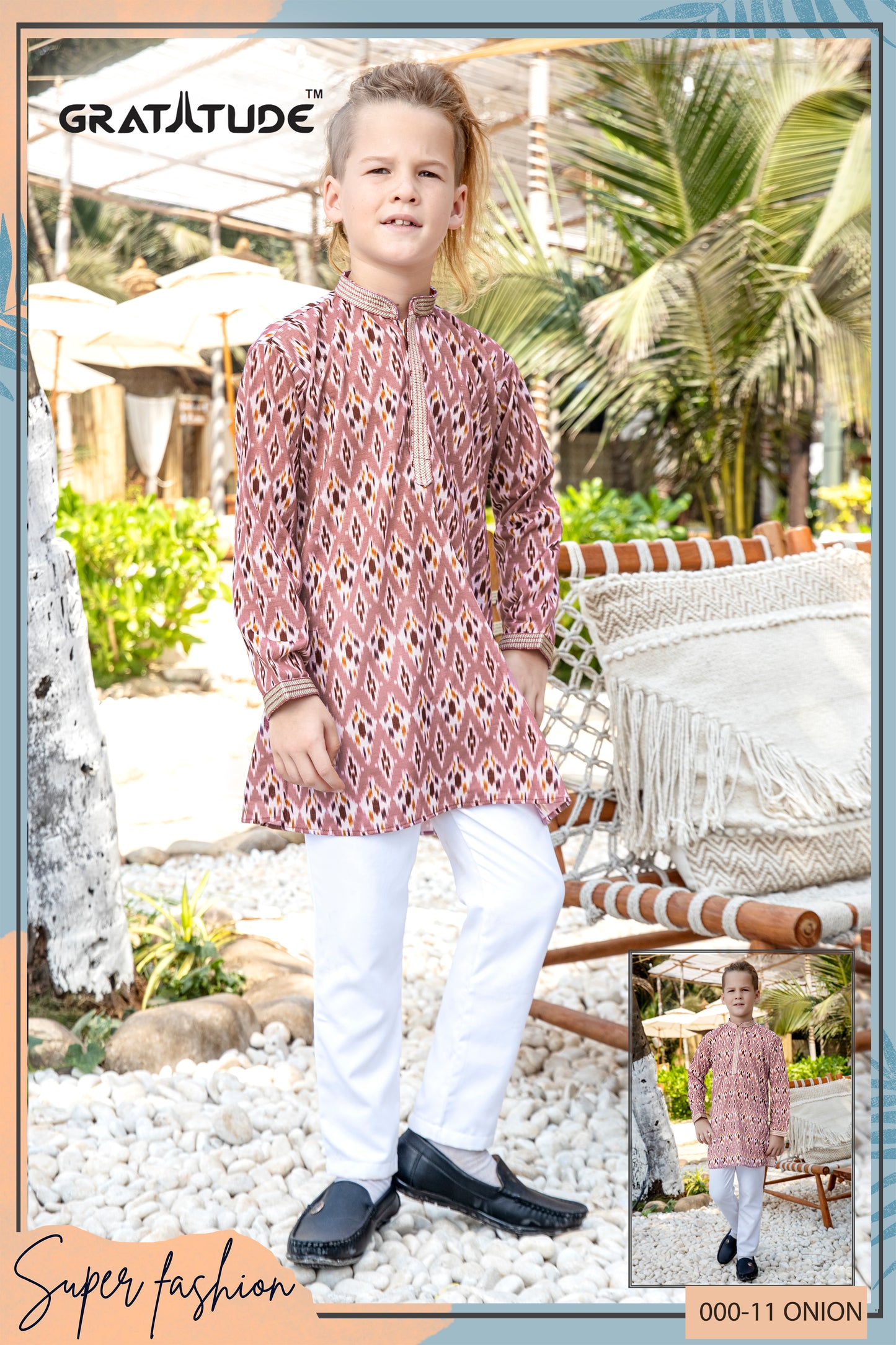 Kurta Set - Onion Pink Geometric Design multi-colored Kurta Boys Set - By Gratitude