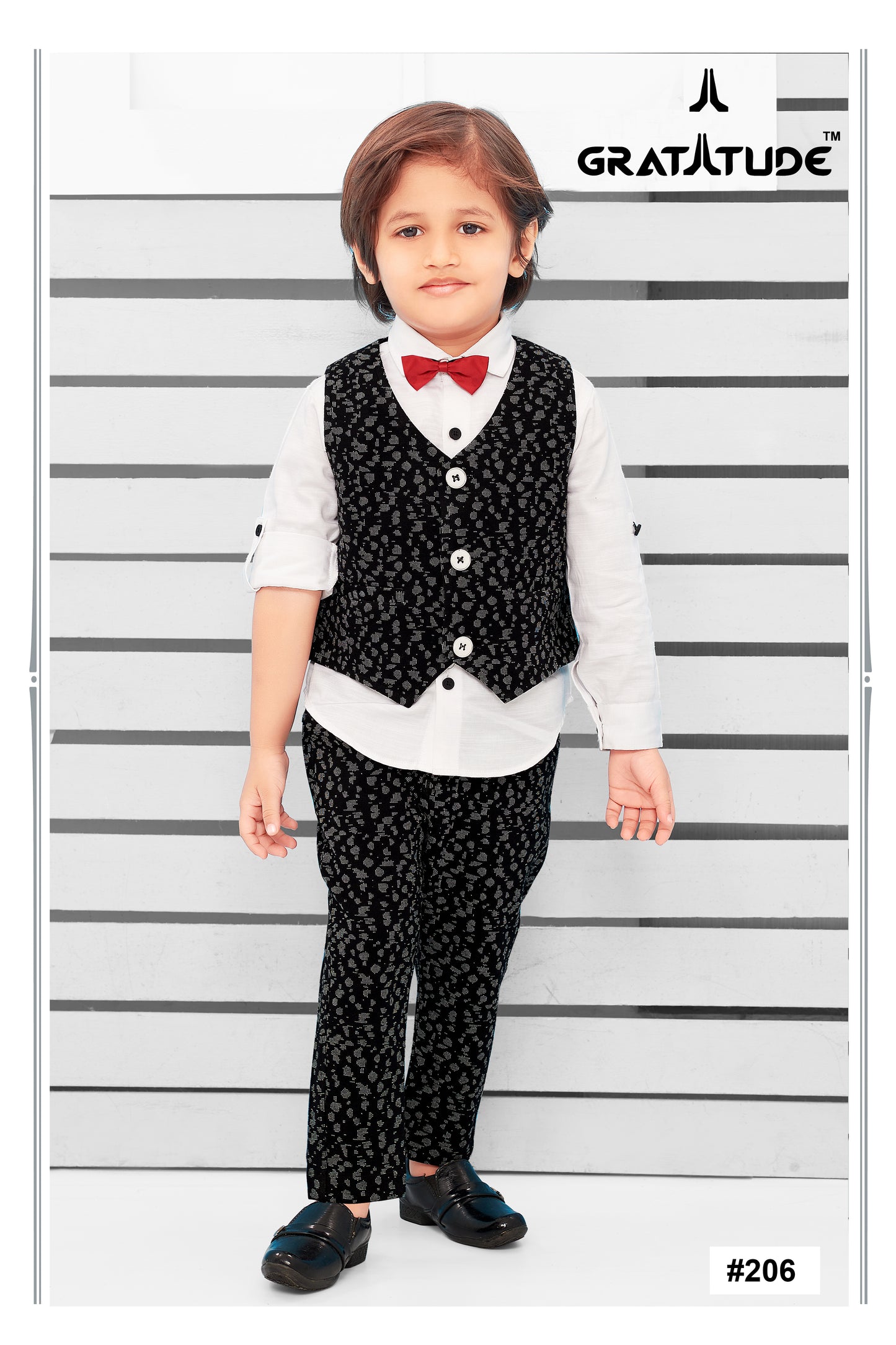 Black Waist Coat and White Shirt Pant Boys Set with Red Bow-Tie