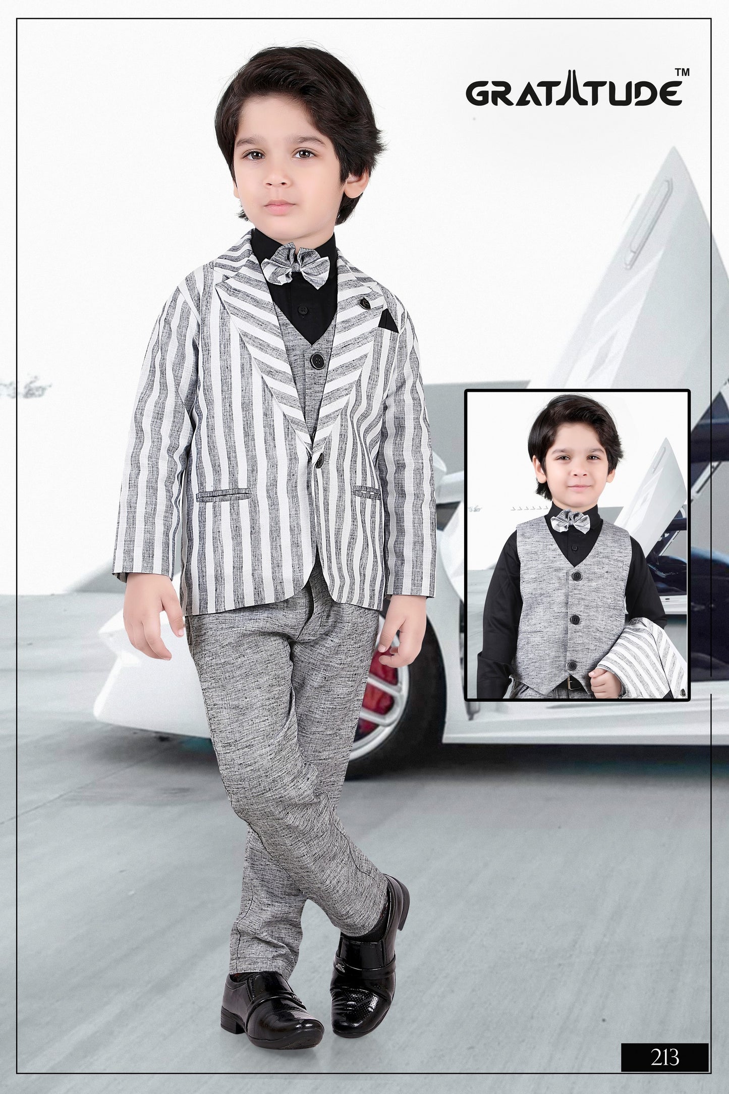Gray and White Linen Blazer Suit with Waist Coat and Black Shirt Pant Boys Set with a smart Bow-Tie by Gratitude