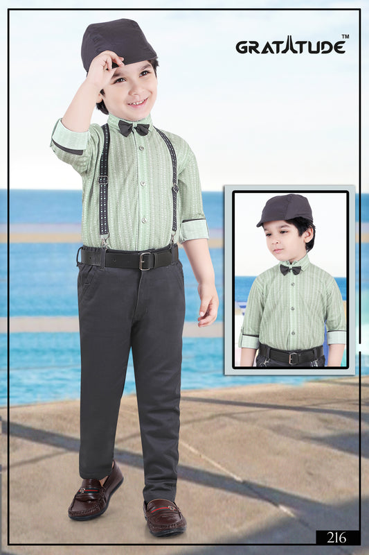 Green Self Design Shirt with Dark Grey Pants Boys Set with stylish hat, bow-tie and suspenders