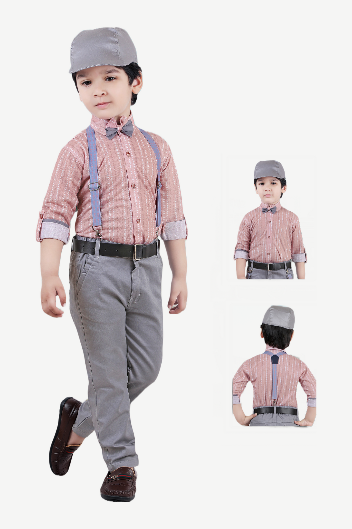 Peach Design Shirt with Dark Grey Pants Boys Set with stylish hat, bow-tie and suspenders