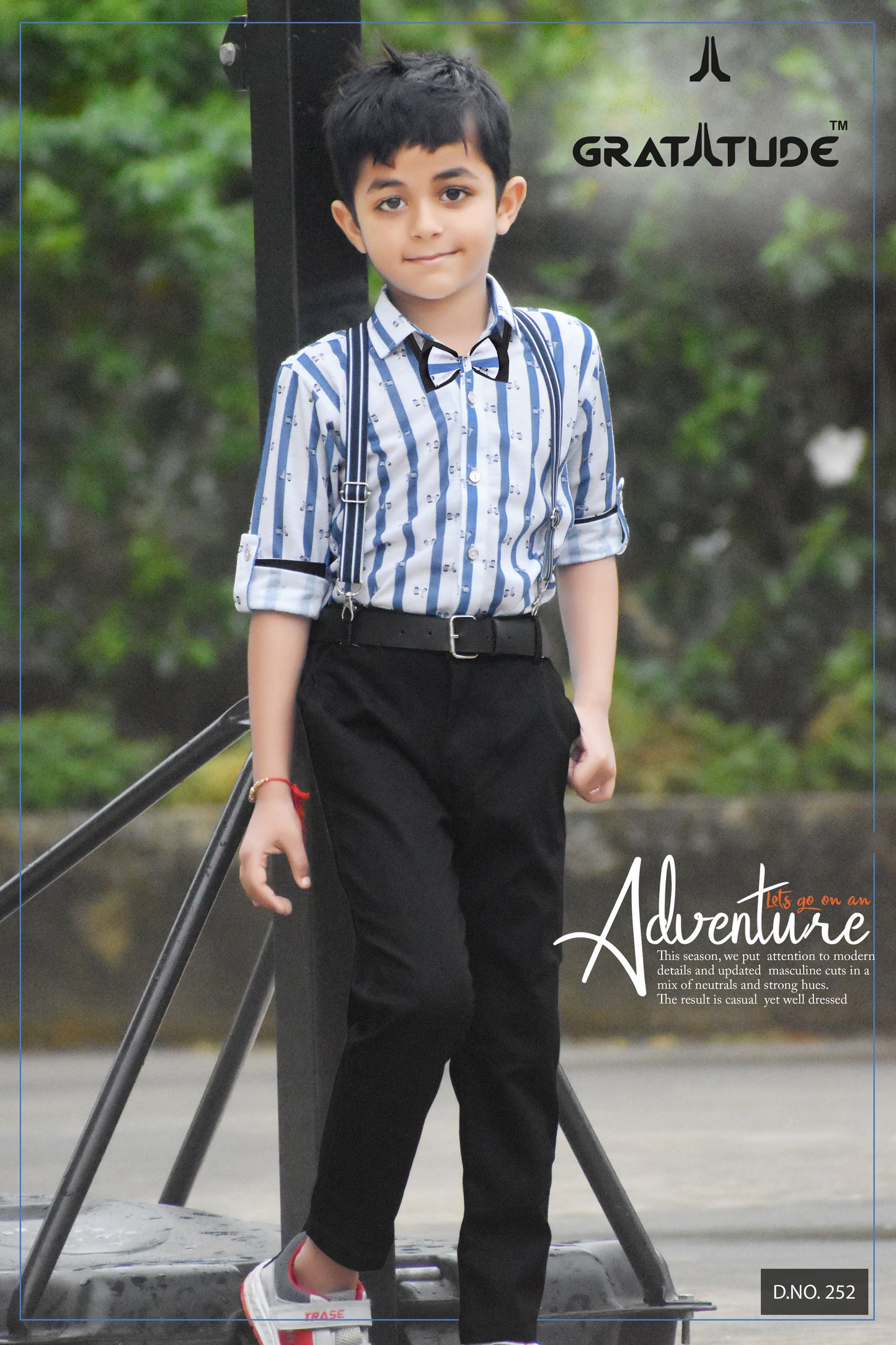 Blue Printed Stripe Shirt with Black Pants Boys Set with stylish bow-tie and suspenders