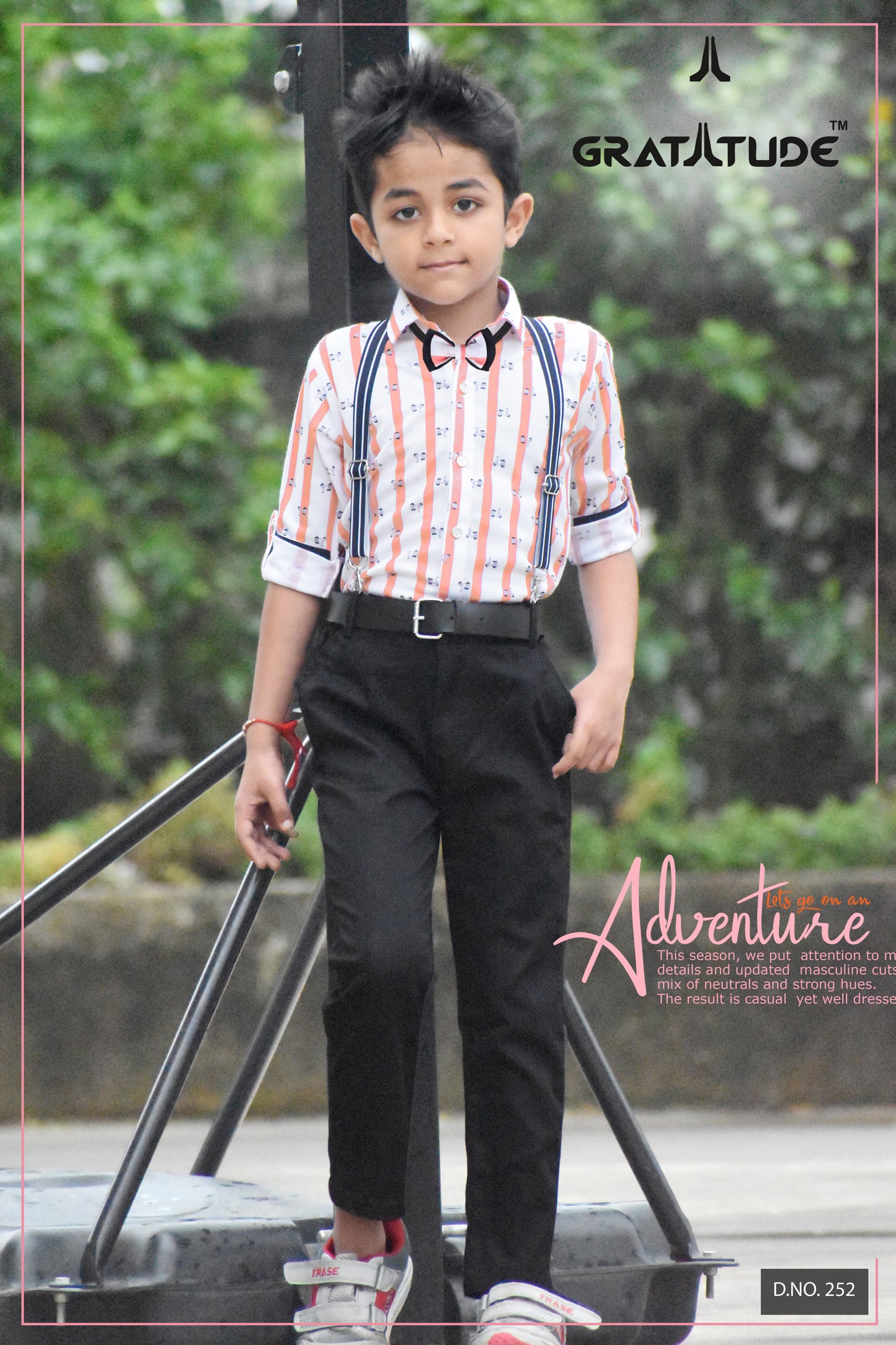 Orange Printed Stripe Shirt with Navy Blue Pants Boys Set with stylish bow-tie and suspenders